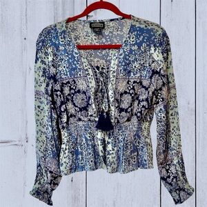 ANGIE Women’s Blue on Blue Lace Up Blouse - Size XS